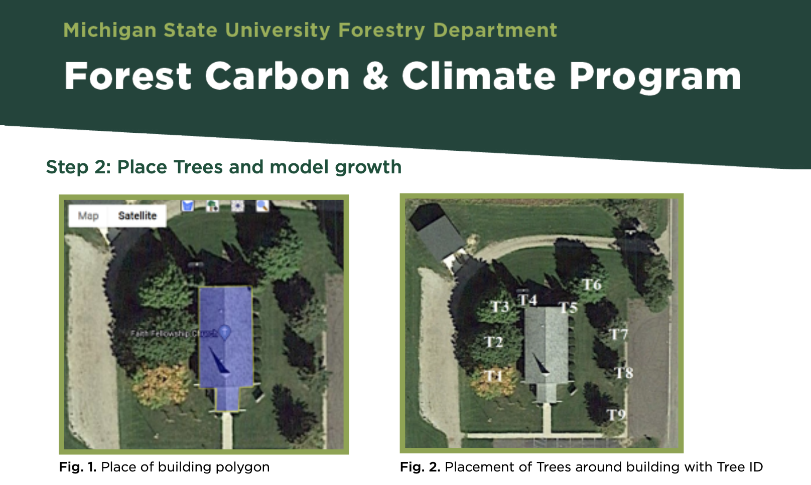 Image with 2 figures; Fig. 1 shows the place of a building polygon. Fig 2. shows the placement of trees around the building with tree IDs.